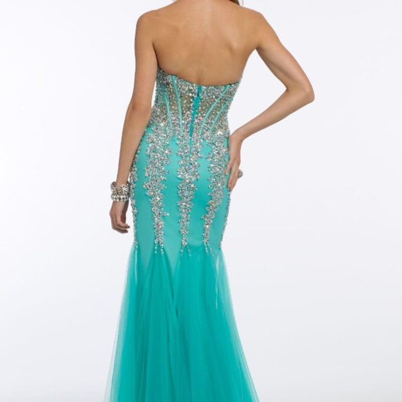 FORMAL TURQUOISE MERMAID PROM DRESS SZ 4 LIKE NEW - Picture 2 of 3